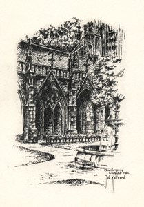 601608 Gezicht in de pandhof van de Dom te Utrecht met de fontein en op de achtergrond de kruisgang.